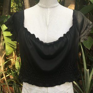 Black Peasant Crop Top w Short Puff Sleeve L XL